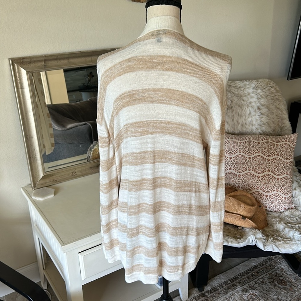 Talbots cream tan striped cotton open long cardigan sweater Large petite​​​ - Picture 7 of 12